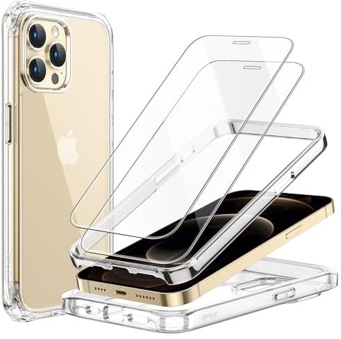 JETech Case for iPhone 12 Pro Max 6.7-Inch with 2-Pack Tempered Glass Screen Protector, 360 Full Body Shockproof Bumper Phone Cover Protective Clear Back (Clear)