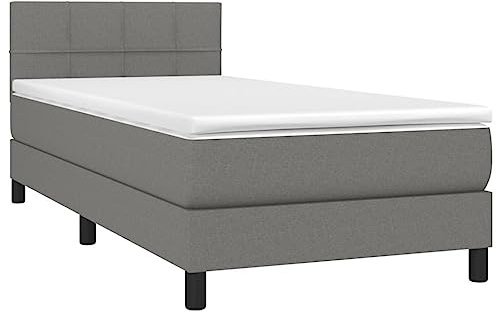 vidaXL Boxspringbett mit Matratze LED Bettgestell Einzelbett Polsterbett Bett Hotelbett Lattenrost Bettrahmen Schlafzimmerbett Dunkelgrau 90x200cm Stoff
