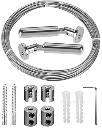 AllRight 2PCS 5M Vorhang Seil Seilspanngarnitur Edelstahl Gardine Stahlseil Vorhangdrahtset mit Befestigungen Stahldraht Seil Wäscheleine Gardinenseil für Bilder Kleiderbügel Innendekoration