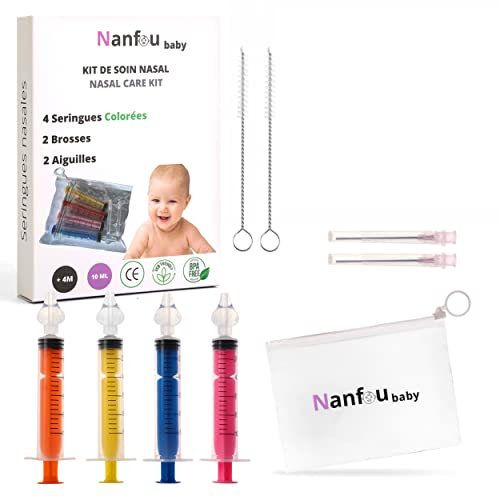 Mouche bébé | Seringue Nasale colorée 10 ml pour Irrigation et lavage nez | Soin Puériculture Hygiène du nez | Embout silicone souple réutilisable | Trousse, Brosse et Pipette de Serum Physiologique
