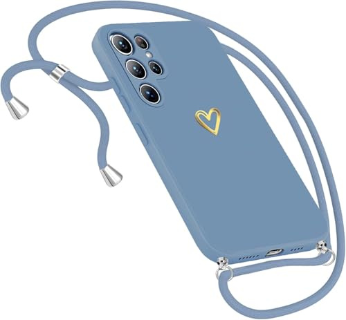 Handykette Hülle für Samsung Galaxy S22 Ultra Hülle Necklace, Herz Motiv Muster Handyhülle für Samsung Galaxy S22 Ultra Hülle mit Band Kordel zum Umhängeband Hülle für S22 Ultra Handykette (Blau)