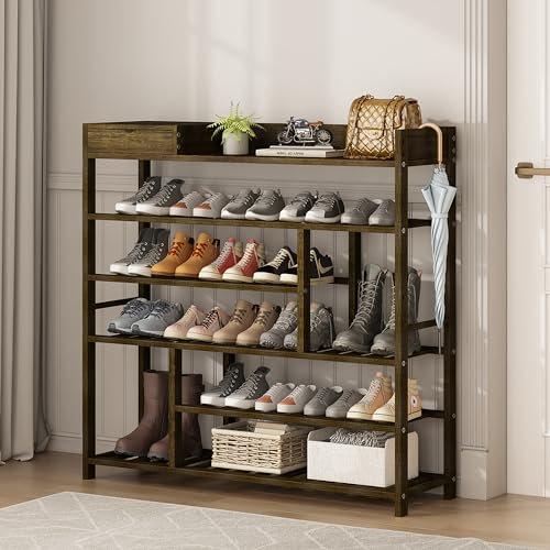 Mafalion Bamboo Shoe Rack for Closet 6 Tier Shoe Storage Organizer Entryway Tall Shoe Shelf with Storage Box Wooden Tea Brown