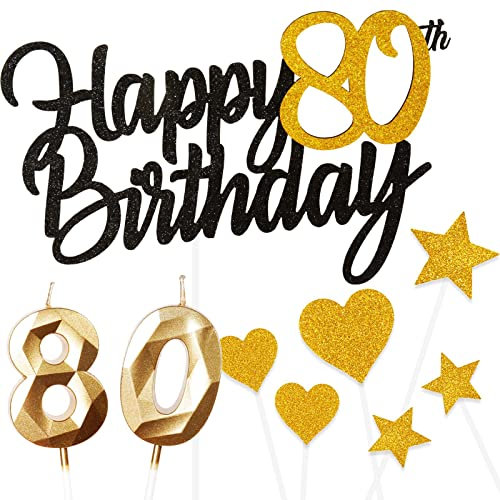 Personalised Black Gold Happy 80th Birthday Cake Topper with Gold Number 80 Birthday Candles Heart Star Cupcake Toppers Cake Decorations Set for Her Him Men Women 80th Birthday Anniversary - Pack of 9