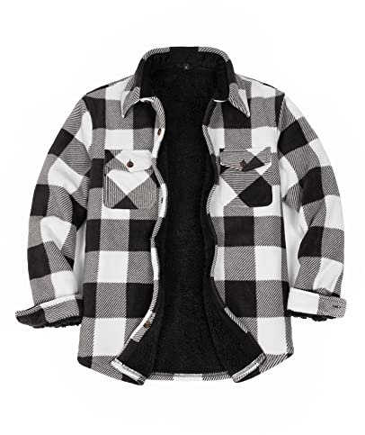 ZENTHACE Herren warm Sherpa gefüttert Fleece Plaid Flanell Shirt Jacke gemütlich Herbst Winter Flanell Jacke Mantel schwarz und weiß XL