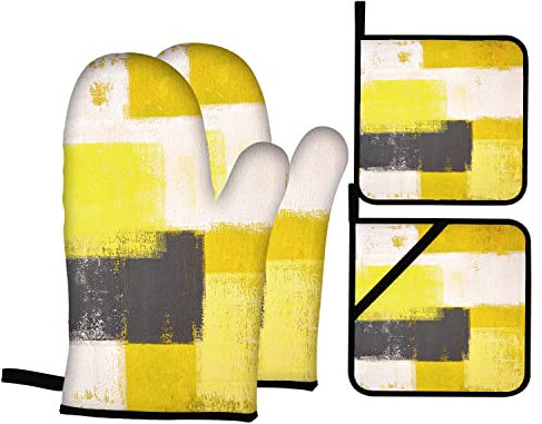 Lot de 4 maniques et maniques - Jaune, noir, gris - Art abstrait moderne - Blanc et rose - Pour cuisine, cuisine, barbecue (jaune)