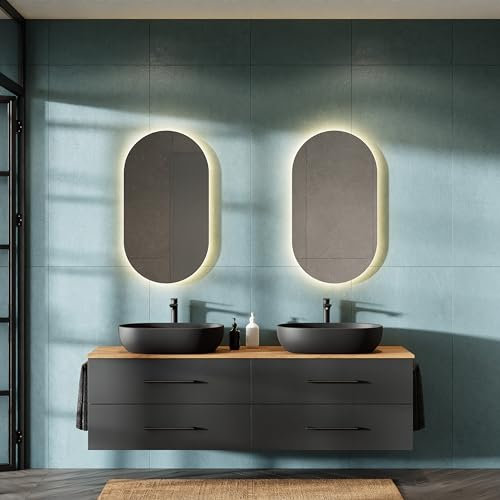 Planetmöbel LUX Badmöbel Set Waschbecken mit Unterschrank 180 cm, 2 Aufsatz-Waschbecken 60cm schwarz, 2 Spiegel 50 cm (ohne LED) Waschbeckenunterschrank Gold Eiche/Anthrazit