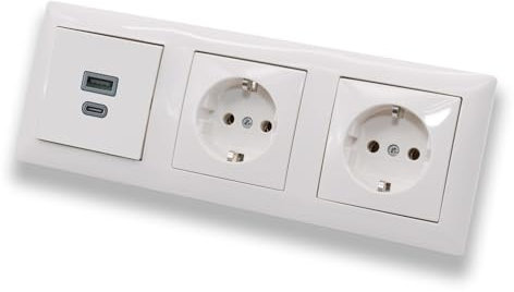 EBROM USB-C und USB-A Unterputz Steckdose/Lader, 45+15 Watt Leistung, Schnellladefunktion für Wearables, Smartphones und Tablets mit 2 Stück Busch Jäger Steckdosen 20EUC-914 in Balance Si alpinweiß