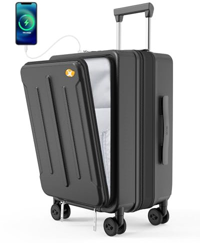MGOB Koffer Handgepäck Trolleys Polycarbonat Reisekoffer Erweiterbar mit Vordertasche Hartschalen Leicht mit TSA USB und Externer Teleskopgriff,55x36x24cm(Schwarz)