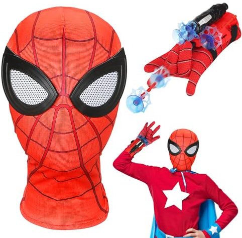 Tydeus Launcher mit Rot Maske Kinder, Handschuhe Spinnennetz, Mask für Kinder, Web Shooter und Masken Spielzeug für Halloween Karneval Cosplay Geschenk