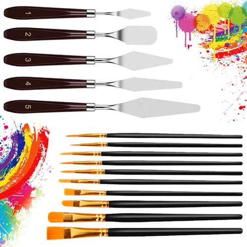 Luckwaii Spachtel Set 15 Stück Acrylmalerei Künstlerbedarf Spachtelmasse, 5 Palette Messer+10 Pinselset Set Spachtel Acrylmalerei Strukturpaste Spachtel Set Kunstlerbedarf zum Olgemalde
