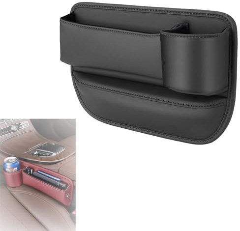 Jessena Car Leather Cup Holder Gap Bag, 2024 New Car Seat Storage Bag with Cup Holder, Adjustable Car Seat Storage Box, Car Seat Gap Filler Organizer (for Passenger seat,Black)