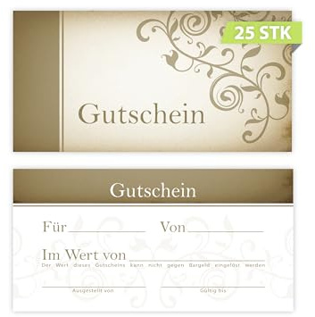 25 Geschenkgutscheine DIN lang plus (21 x 10,5 cm) Design Motiv Vintage Papyrus Altes Papier Antik. Blanko Gutscheine zum Ausfüllen Gutschein Geschenk Karte für Wellness Kosmetik Nagelstudio Beauty