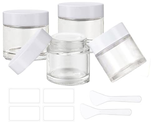 BEGIKET Lot de 4 bocaux en verre transparent avec couvercles, 60 ml avec doublures intérieures et couvercles blancs, récipients cosmétiques pour ranger crème, pommades, lotion (transparent - couvercle