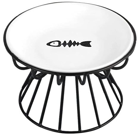 Raised Cat Food Bowl, Ceramic Cat Dish with Metal Stand, Pet Water or Food Feeding Bowls for Indoor Cats, Kitten, Puppies and Small Dogs, Dishwasher Safe