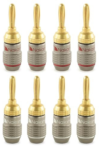 Nakamichi FanLock Excel-Serie 24 Karat vergoldeter Bananenstecker, 10 AWG – 18 AWG, 4 mm Dicke für Lautsprecherverstärker, Hi-Fi Stereo Heimkino Audiokabel Schnellanschluss, 8 Stück (4-Paare)