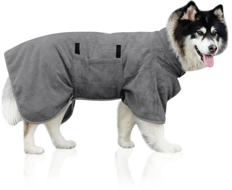 YIZWINS Peignoir en Microfibre pour Chien, Serviette Extra Absorbante avec Fermeture Velcro pour Petits Chiens et Chats de Taille Moyenne (Gris, M)