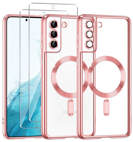 Phoona Cover Placcatura per Samsung Galaxy S22 5G 6,1, Obiettivo per Fotocamera Protezione Completa e 2 × vetro temperato, Compatibile con MagSafe Ricarica Wireless, Protezione Militare, Rosa