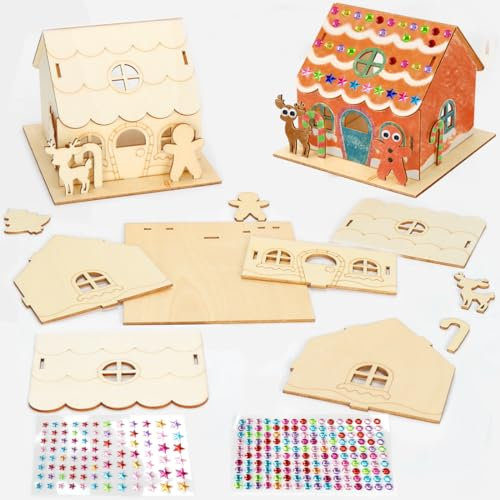 Lebkuchenhaus Teelichthalter aus Holz, 4 Stück DIY Teelicht Lebkuchenhaus Bausatz mit Aufkleber, Lichthaus Lebkuchen Klein, Holzhaus Weihnachtsdeko Tischdeko Basteln und Dekorieren zur Weihnachtszeit