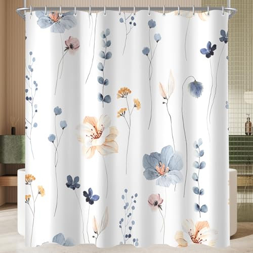 Lerores Rideau de douche 120 x 200 cm, motif fleur bleue, ourlet lesté, anti-moisissure, imperméable, lavable, en polyester, avec 8 œillets et anneaux de rideau de douche, pour salle de bain,