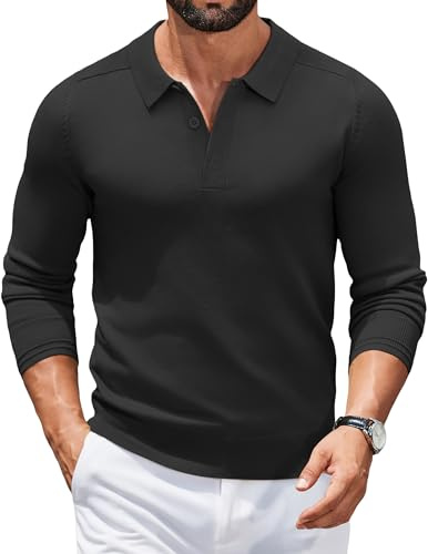 COOFANDY Men's Polo Jumpers Long Sleeve Poloshirts Knitted Winter Sweater Polo Pullover Sweatshirt Casual Black M