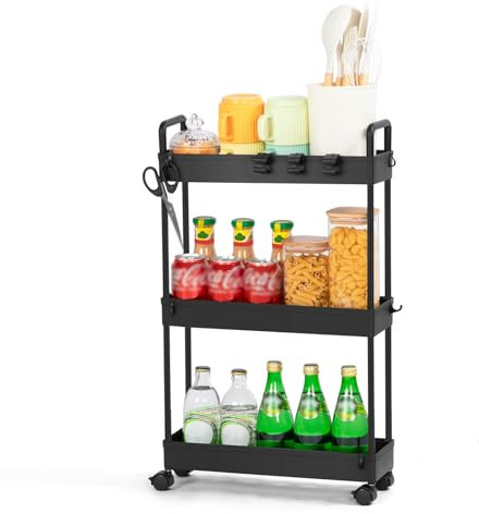 FoiiLiio Rollwagen Schmal,Küchenwagen mit 3 Ebenen,Nischenregal auf Rollen,Küchenregal,Nischenregal,Küchenwagen schmal,für kleine Räume,Küche,Bad,38.8 x 12.5 x 65 cm,Schwarz
