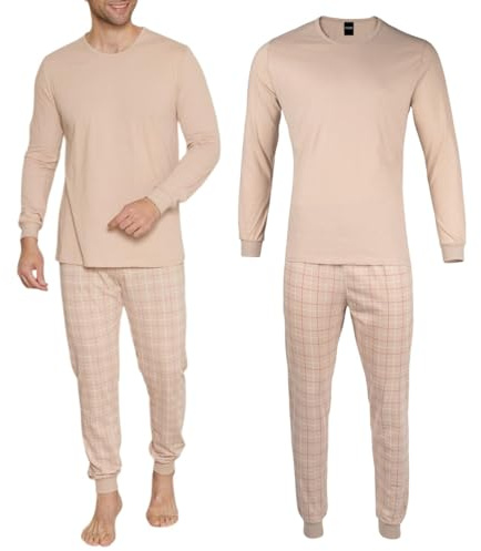 HEYO Herren Schlafanzug aus Baumwolle Pyjama Lang mit Bündchen Zweiteiliger Set | Langarm Shirt mit Langer Hose | Kariert (DE/NL/SE/PL, Alphanumerisch, XL, Regular, Regular, Beige)