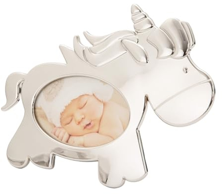 Happy Homewares Cute Unicorn Themed Shiny Nickel Plated Baby Oval Picture Frame with Black Velveteen Felt Backing | Newborn Baby or Baby Shower Idea