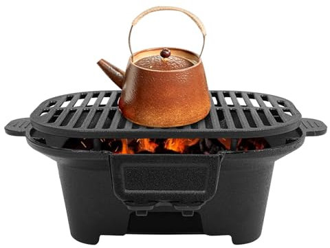DOPBENT Marmite en fonte avec grille de cuisson, 41 x 16 x 29 cm, barbecue de camping au charbon de bois, casserole portable en fonte, casseroles en fonte pour thé et barbecues au charbon de bois