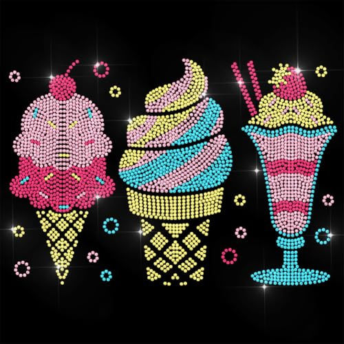 ANATTASOUL Eiscreme Bügelbild für Kleidung | 29,7×21cm Strasssteine Zum Aufbügeln Bügelbar Kristall Bügelbilder Strass für Hut und Tragetasche, DIY Kunsthandwerk