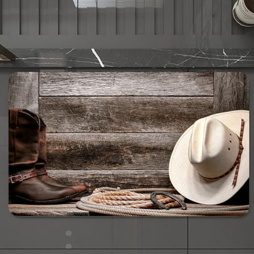 EMCLKS Bath Mat 60x90 cm,Extra Soft Absorbent Microfiber,Non-Slip Washable Rugs for Shower Floor,Traditional white straw cowboy hat with authentic western lasso and leather,Bathmat Accessories Decor