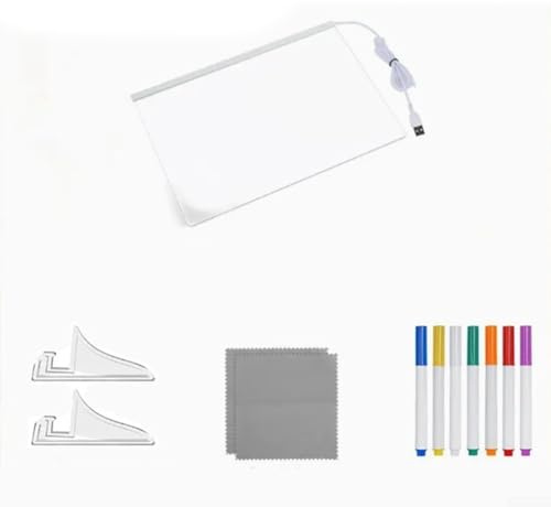 Trocken abwischbare Acryltafel mit Licht, 6 Farben, Neon-Leucht-Memo, transparent, beleuchtet, DIY-Zeichenbrett, Nachrichten-Notiztafel, inklusive 7 Stiften und Reinigungstüchern (20 x 20 cm)