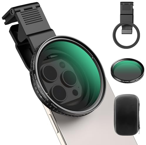 APEXEL Objectif iPhone ND2-400 Variable 67 mm, Filtre Mobile Universel à 9 Diaphragmes,Filtres Adaptés à iPhone 16 15, Samsung, Motorola et Autres Smartphones