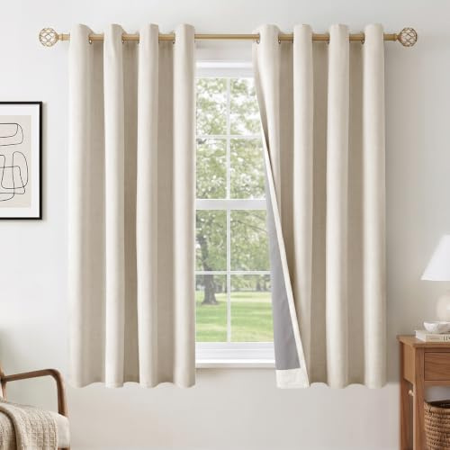 INOVADAY 100% Blackout Eyelet Curtains 2 Panels, 46 W x 54 L, Cream | Black Out Curtains for Living Room Bedroom, Thermal Insulated Linen-Look Curtains, Noise Reducing, OEKO, with Coating Layer