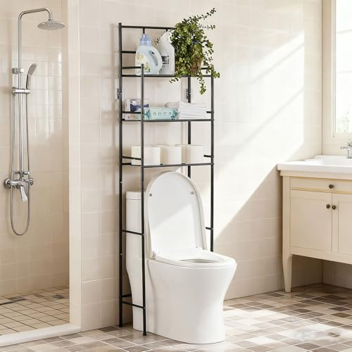 CELORVINI Toilettenregal, 3-stufiges Aufbewahrung über der Toilette, Freistehendes Waschmaschinenregal aus Metall, Platzsparendes WC Regal Toilettenschrank für Bad, Toilette, Waschküche, Schwarz