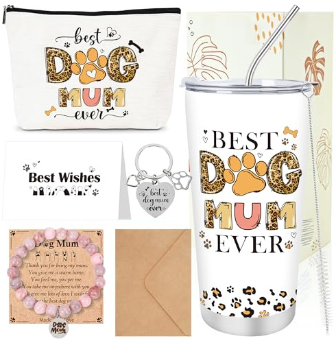 Eiapadeor Dog Mum Gifts for Women - 5Pcs Dog Lovers Christmas Presents, 20Oz Best Dog Mum Ever Travel Mug Makeup Bag Keyring Braclets Greeting Card, Paw Lovers Pet Owners Mother's Day Birthday Gifts