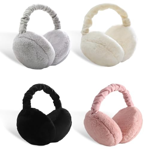 Junrvivy 4 Stück Winter Ohrenwärmer, Ohrenwärmer damen, Wärme Faltbare ohrenschützer für Damen Männer Schwarz, Weiß, Grau und Rosa