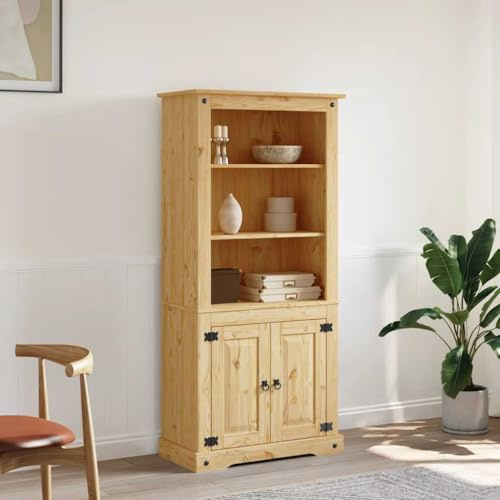 QJBSAVVA Solid Pine Tall Storage Cupboard 80x40x170 cm, Mexican Corona Hacienda Sideboard with 3 Open Shelves & 2 Inner Shelves, Rustic Display Cabinet for Living Room Dining Hallway