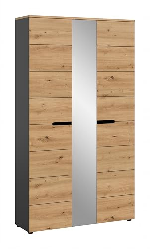 xonox.home – Garderobenschrank Canu 105x190x37 cm in Artisan und Basalt grau – Schrank mit Spiegeltür, Kleiderstange & 9 Fächern – Bietet Platz für ca. 23 Schuhpaare