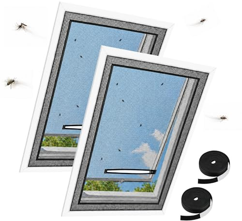 casmartis Fliegengitter Dachfenster 130x150 cm mit Reißverschluss – Insektenschutz Mückennetz schwarz, ohne Bohren, zuschneidbar, Klettband – passend für VELUX, Roto, Fakro Dachfenster (2er-PACK)
