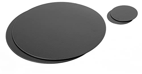 Nikalaz Rund Platzsets und Untersetzer aus recyceltem Leder, 2 Stück Tischsets, Tisch-Matten, Platzdeckchen 33 cm und Untersetzer 10cm (Schwarz)