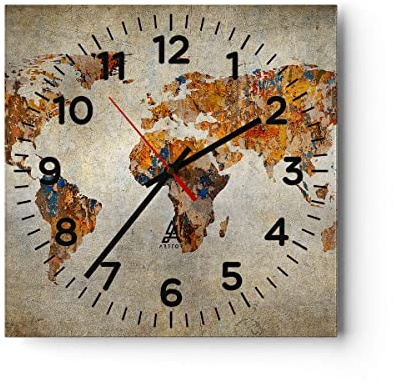 Modern Wanduhr Welt Karte Kontinente Geographie 30x30cm Quadrat Klein Wand Uhr Glas Analog Zimmeruhren Küche Büro Wohnzimmer Glasuhr Wall Clock Dekoration Design Küchenuhr C4AC30x30-2783