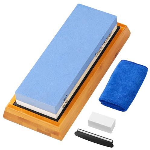 Angerstone Premium Messerschärfstein - Körnung 1000/6000, professioneller Schleifstein mit rutschfester Silikonbasis, bester Nassstein, rutschfeste Bambusbasis und Winkelführung