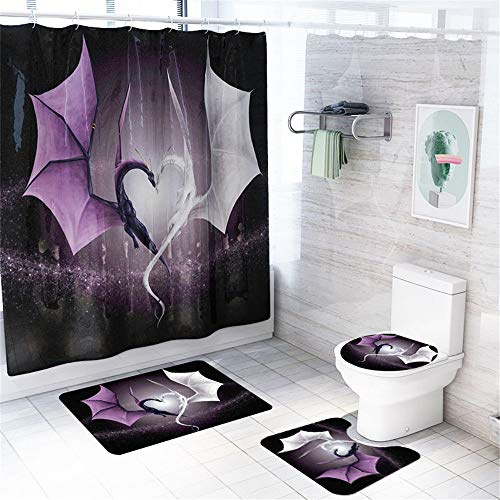 EnHome 4-teiliges Badvorleger-Set Duschmatte + Kontur Matte + WC-Deckelbezug + Duschvorhang, rutschfeste Badvorleger für Küche, Dusche und Toilette - Tierwelt 3D-Druck (Drachen)