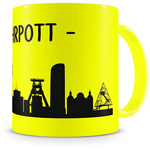 Samunshi® Ruhrpott Skyline Tasse Kaffeetasse Teetasse Kaffeepott Kaffeebecher Becher H:95mm/D:82mm neon gelb