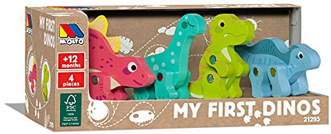 Moltó My First Dinosaurs Dinosaurier aus Holz, mit 4 gelenkigen Dinos, die einen größeren Spielwert geben. Jeder Dinosaurier erinnert an einen echten Dino, raten Sie, welcher es ist.
