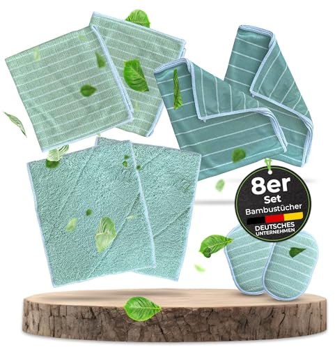 KERA® Bambus Lappen Tücher 8er Set für Fenster Küche Bad | Streifenfrei Fusselfrei Extra Saugstark Nachhaltig | Putztücher + Geschirrtücher + Fenstertücher | 60° waschbar Trockner geeignet