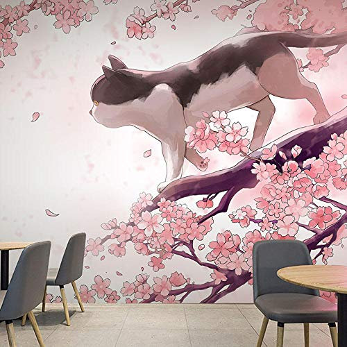 JXMFYY Papier Peint Panoramique Chat Sakura Rose Intissé Photo Poster Tableaux Muraux Salon Chambre Bureau Couloir 3D Mural Décoration 300x210cm