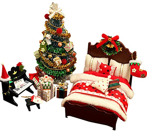 Deko Wichteltür Weihnachten Set, Wichteltür Miniatur Puppenhaus-Wichteltür Weihnachten Set Stiefel Laterne Weihnachtsbaum Dekokranz Holzleiter Wichtelbesen Zuckerstange Verzierungen für Weihnachten