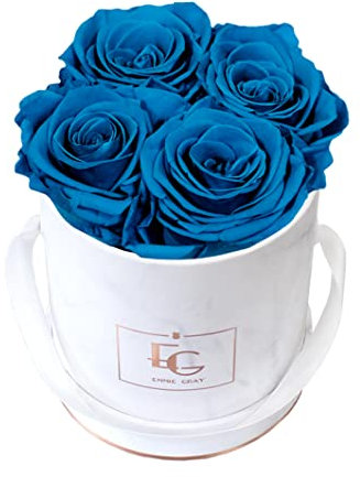 Classic Infinity Rosenbox | Round | XS | Marble Rosegold - 4 Infinity Rosen mit langjähriger Haltbarkeit, echte Rosen die bis zu 3 Jahre blühen, Emmie Gray Flowerbox, konservierte Rosen (Aquamarine)