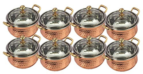 PARIJAT HANDICRAFT 1 X 8 Indian Hammered Copper Serving Bowl for Food Soup with Handle and Glass Lid Decorative Small Seveware Pack of 8